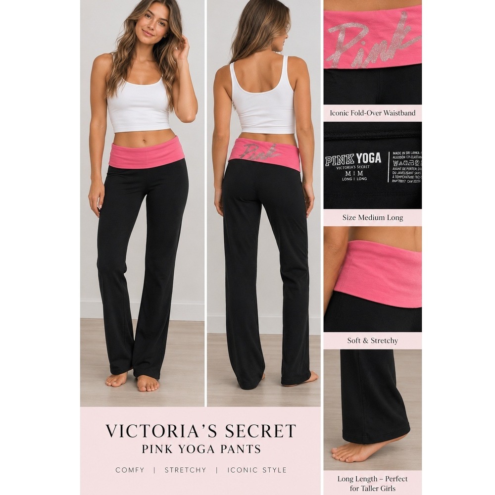 Victoria's Secret PINK Fold Over Yoga Pants Black Pink Glitter Logo Medium Tall